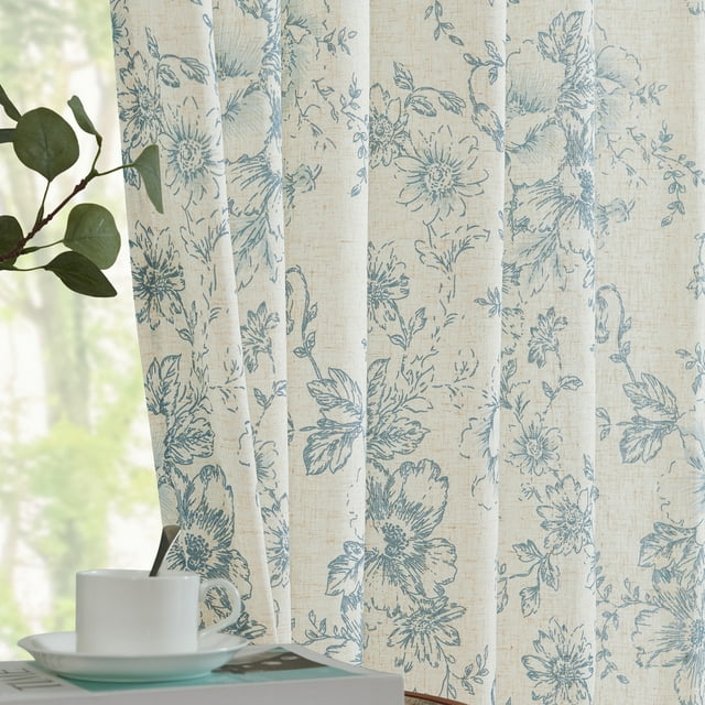 CURTAINKING Linen Curtains Floral Curtains for Living Room 63 Inch Length Blue Printed Curtains Rod Pocket Back Tab Farmhouse Peony Flower Patterned Drapes Bedroom Window Curtain Set 2 Panels