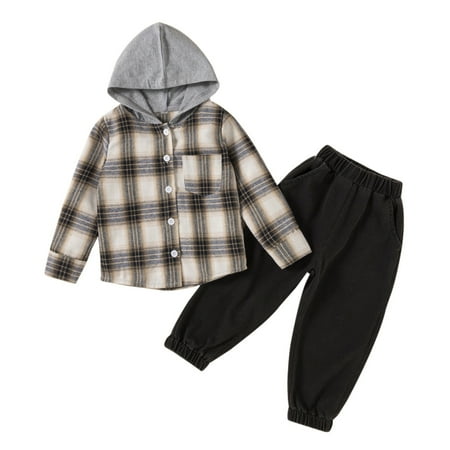 

Kids Toddler Baby Boys Shirt Jacket Plaid Patchwork Long Sleeve Hooded Fall Coat Outwear Solid Pants Trousers Outfit Set 2PCS Clothes Shirt Pant Set