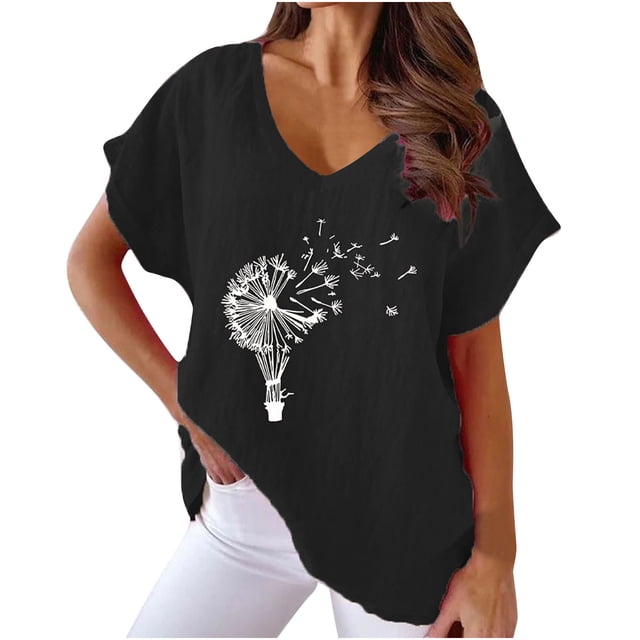 Hauts d'Été pour Femmes Col en V Imprimé Coton Lin Manches Courtes T-Shirts Décontractés Légers Blouse Habillée