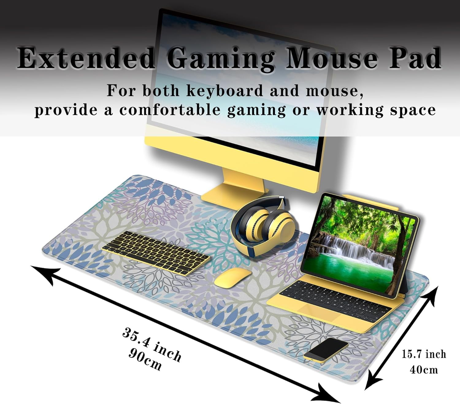 Large Desk Mat Algae Leaves Game Mats, Office Mousepad Big Mouse Pads, XXL Gaming Mouse Pad Non-Slip Rubber Base, 35.4 X 15.7 inch for Work/Game/Office/Home Vegetation. Abstract Watercolor