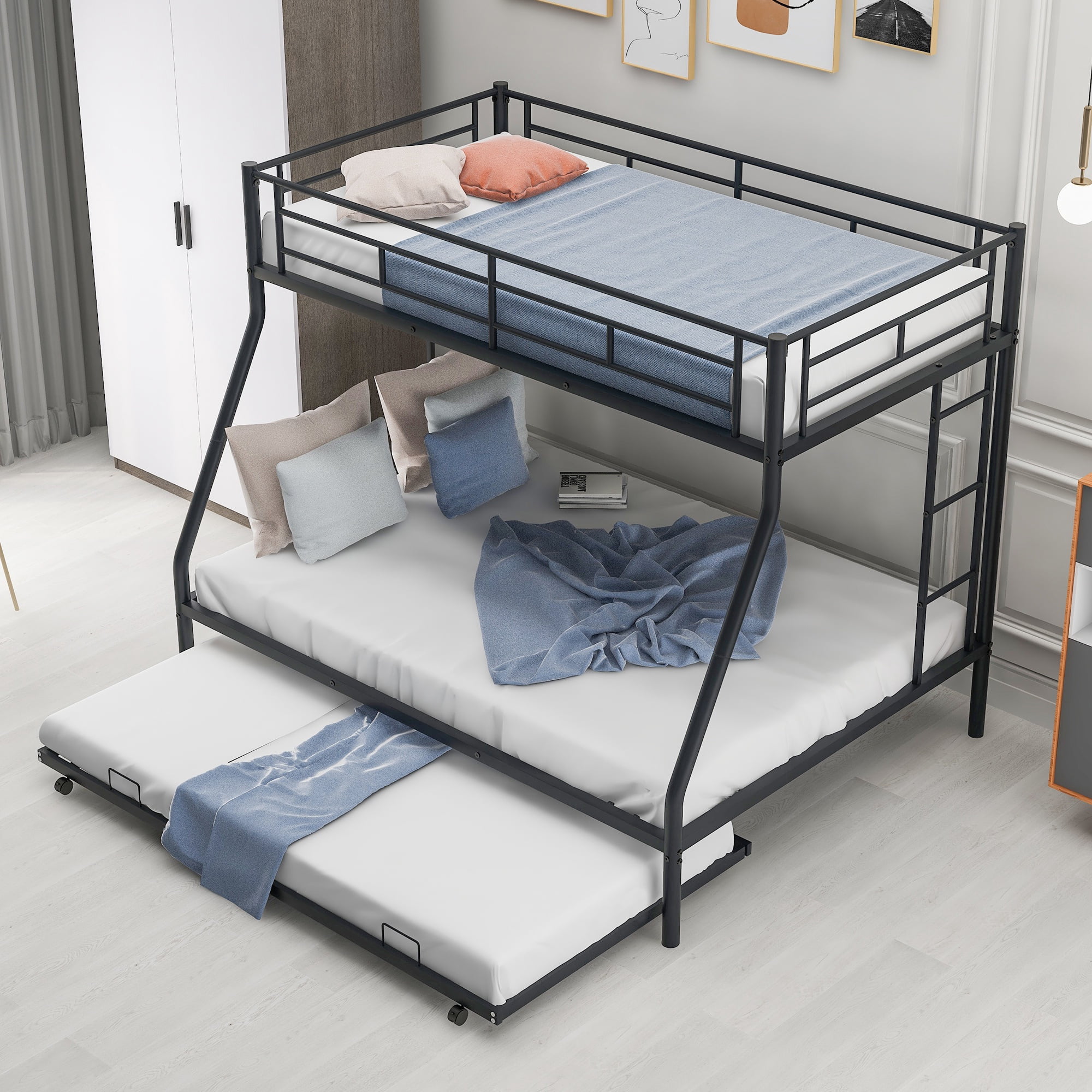 PORKISS Metal Twin Over Full Bunk Beds with Trundle Bed, Bunk Beds for Kids Teens Adults with Ladders, No Box Spring Needed, Black