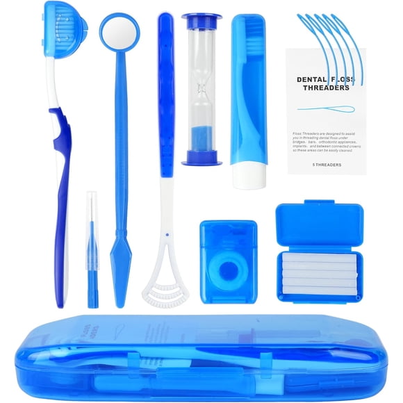OFFCUP Orthodontic Care Kit 9 Pack Braces Cleaning Set Oral Care kit V-Brush Oral Mirror Ortho Wax Timer Dental Floss Threaders Interdental Brush Tongue Scraper (Blue)