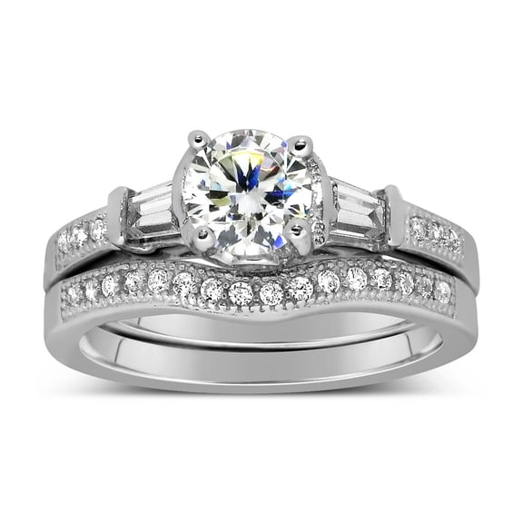 Antique 2.00 Carat Round Moissanite Diamond Wedding Ring Set With Baguette Cut For Her In 10K White Gold, Promise Ring, Anniversary Ring