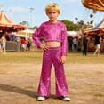 thumbnail image 5 of Kids Dance Sparkly Pink Dance Long Sleeve Crop Top and Flared Pants Outfit Set Girls Disco Outfit Dance Performance Outerwear, 5 of 5