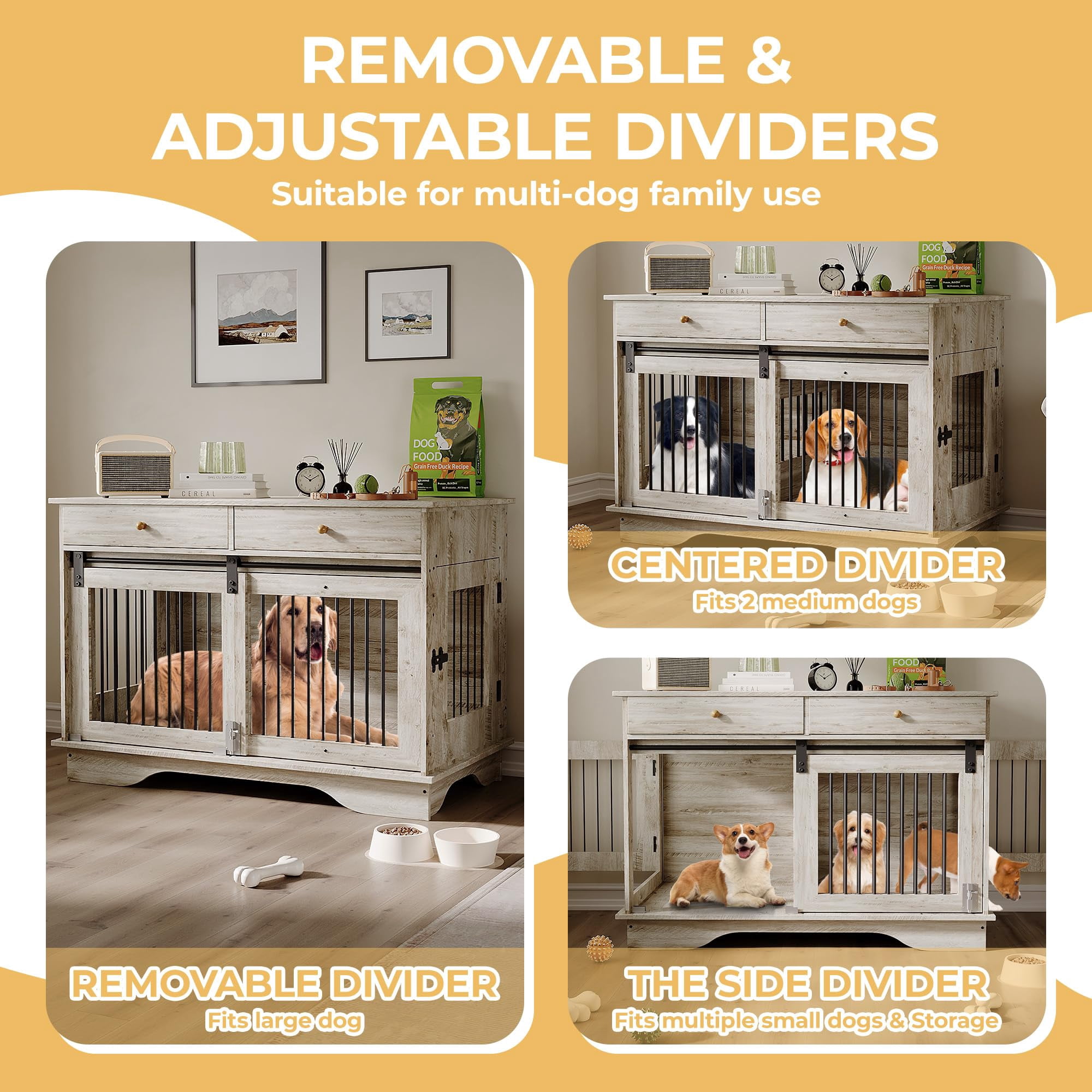 Danolapsi 47" Dog Furniture Crate,Dog Kennel Large Furniture Style Dog Crate w/ 2 Storage Draws & Removable Divider & Triple Door Design,Indoor Pet Crate Table for Large/Medium/Small Dogs