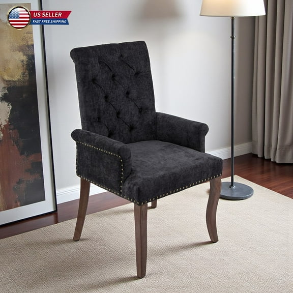 Hassch Chenille Upholstered Dining Chair, Mid-Century Modern Armchair with Tufted Backrest and Solid Wood Legs for Kitchen & Dining Room (Black)