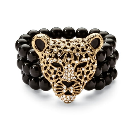 - Crystal Leopard Genuine Onyx Stretch Bracelet in Yellow Gold Tone