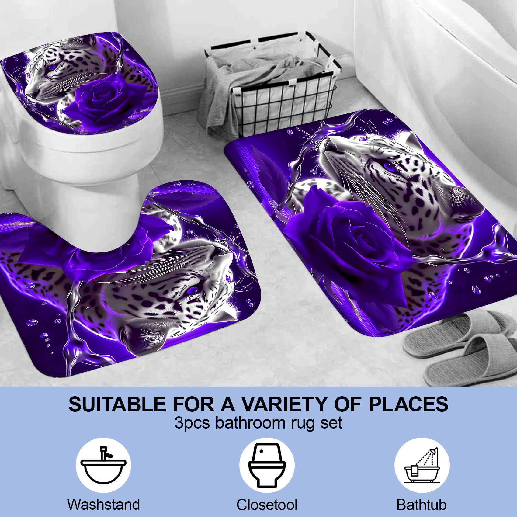 4PCS Purple Rose and Leopard Shower Curtain Bathroom Set with Non-Slip Rugs, Toilet Lid Cover and Bath Mat, Purple Bathroom Decor Set Accessories Shower Curtains with 12 Hooks, 72 x 72 Inch