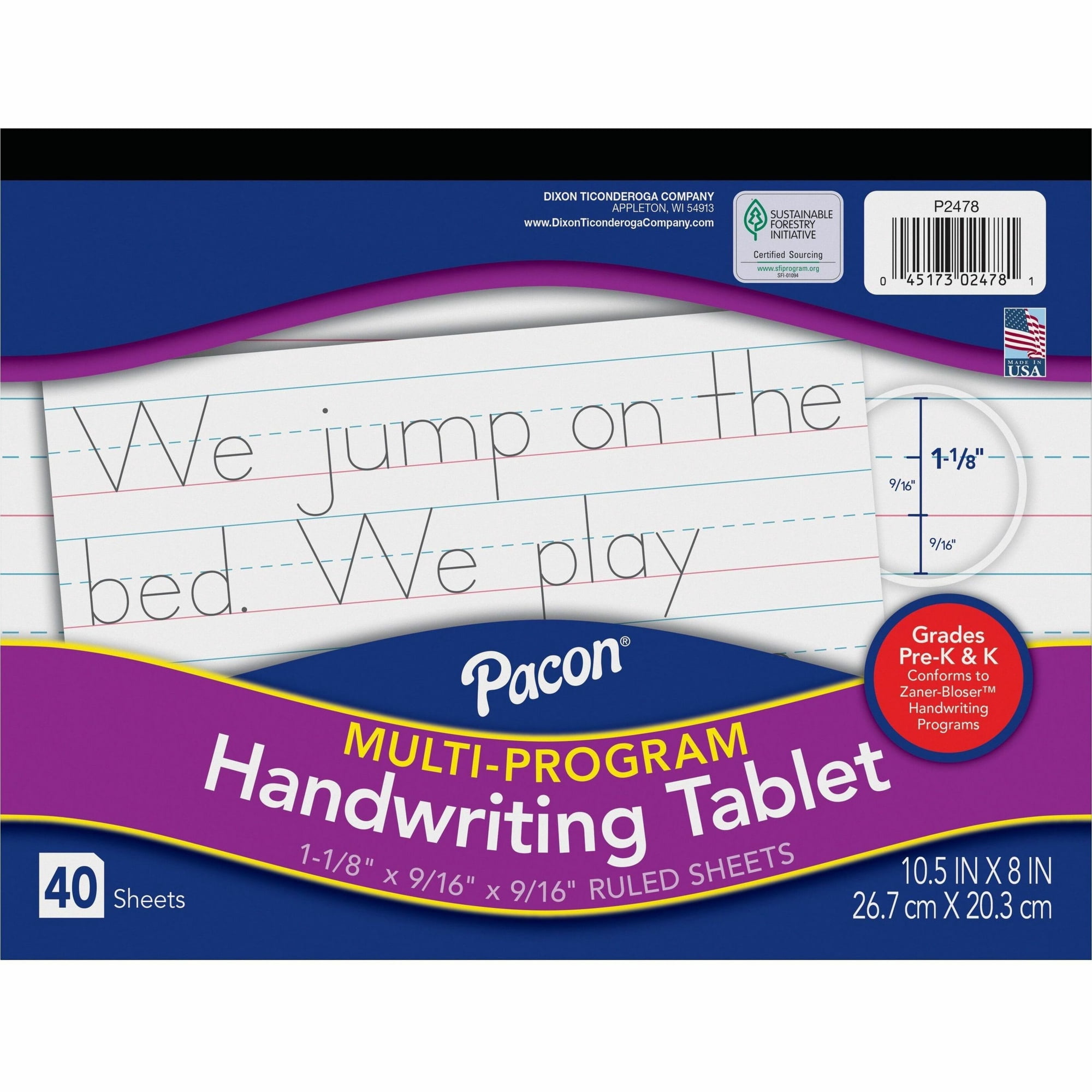 Pacon Multi-Program Handwriting Tablet, 10-1/2 x 8 Inches, Grade K, 40 Sheets