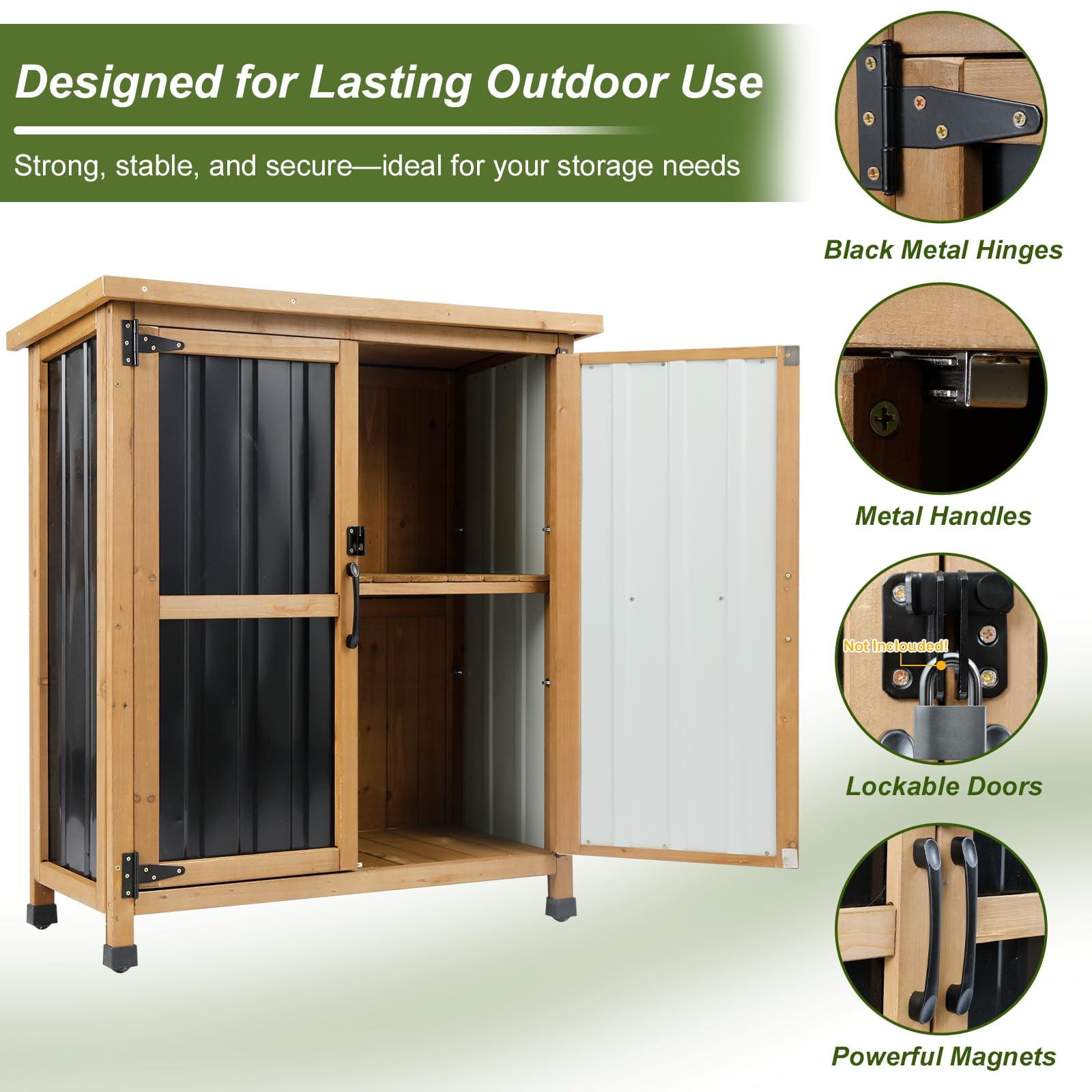 Gowoodhut Outdoor Storage Cabinet Wood Storage Shed Waterproof Roof, Double Lockable Doors Garden Shed with Removable Shelves for Patio, Garden