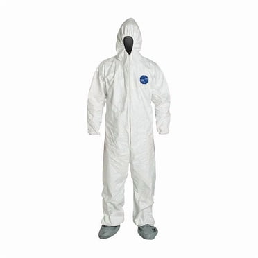 Tyvek 400 Hooded Disposable Coverall, Attached Skid-Resistant Boots, Elastic Wrist, Large, White