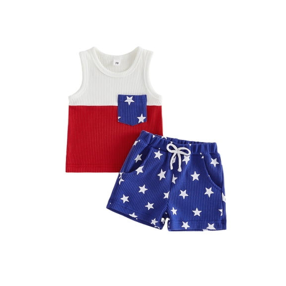 Toddler Baby Boys 4th of July Outfits Patchwork Crew Neck Sleeveless Tank Tops and Star Print Shorts Set Summer 2Pcs Independence Day Clothes