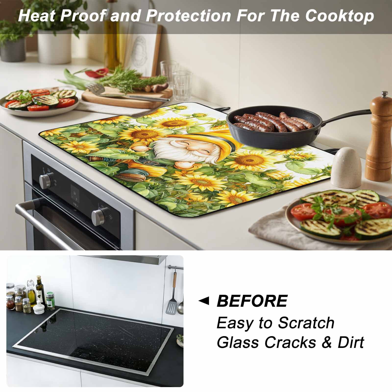Sunflower Gnomes Stove Top Cover for Electric Stove, Heat-proof & Non Slip Glass Top Stove Cover Protector, Spring Summer Botanical Florals Kitchen Flat Cooktop Rubber Mat 31x24 Inches