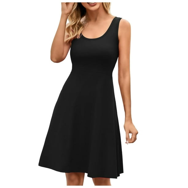 Vestido sin mangas de verano con cuello redondo y corte acampanado para mujer - Informal para la playa o fiestas - Tallas S-XL