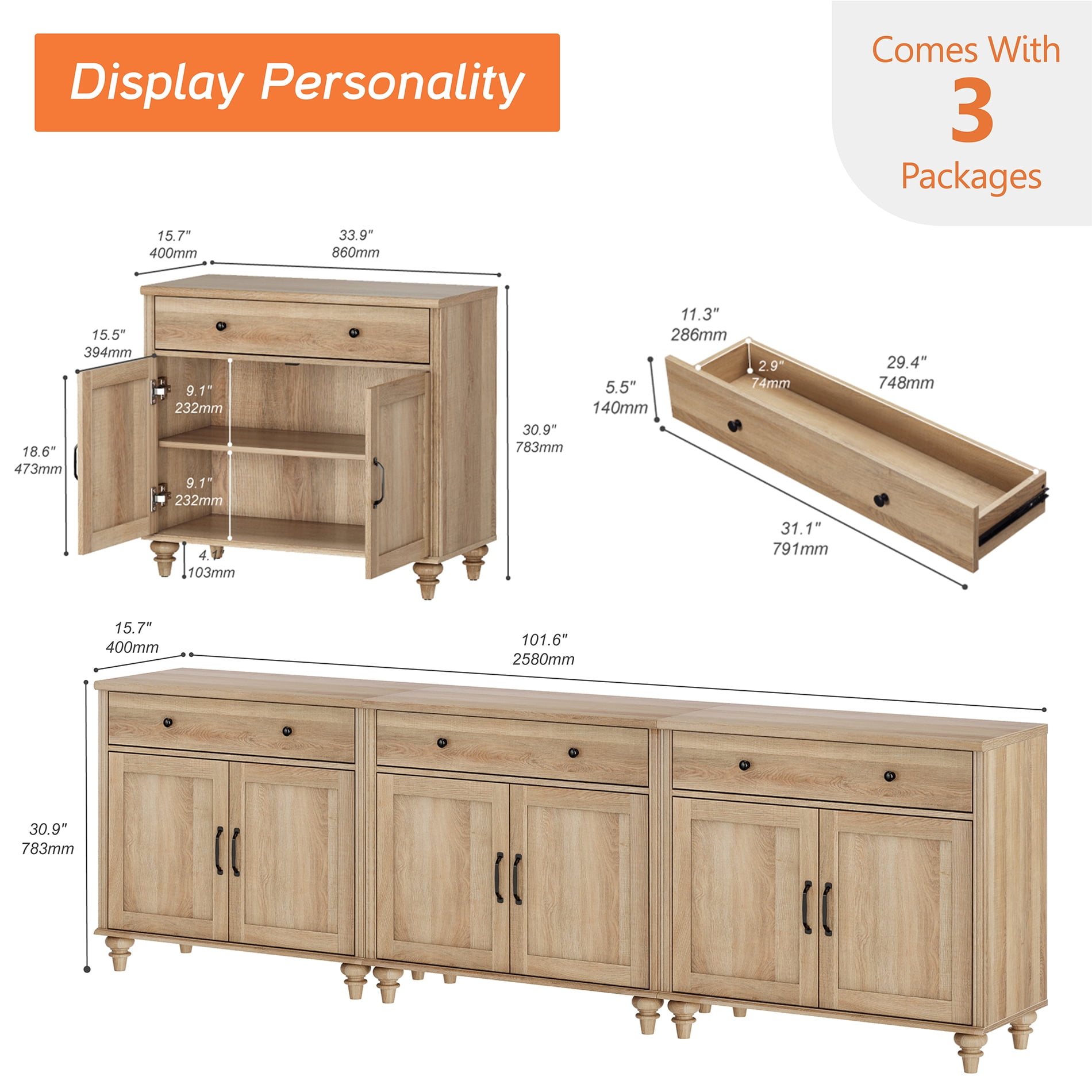 WAMPAT Farmhouse Oak TV Stand for 100 inch TV with 6 Doors and 3 Drawers, Wooden Universal TV Stands with Storage Cabinets, Entertainment Center TV Console Table for Living Room, Bedroom