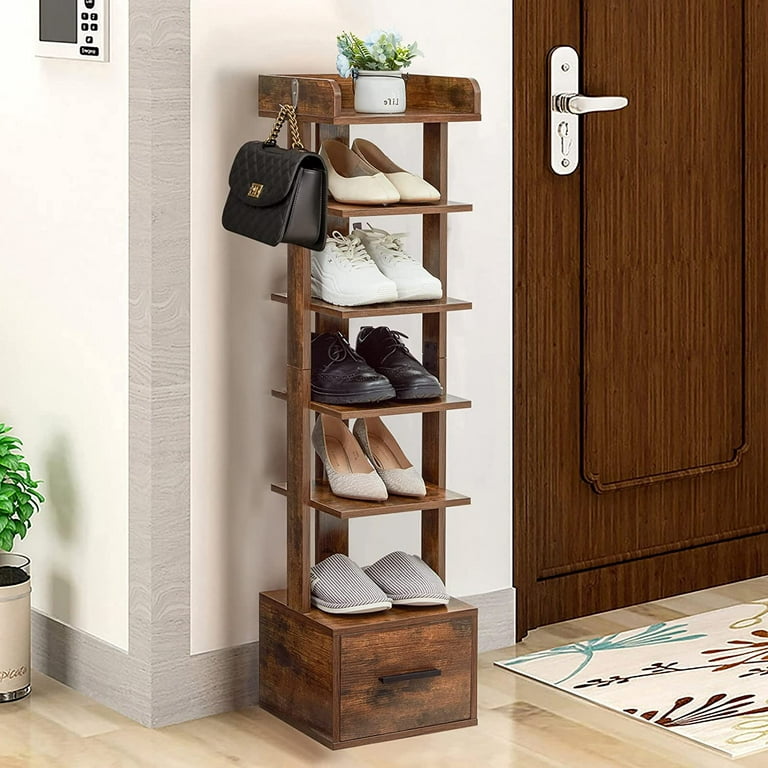 6 Tiers Vertical Shoe Rack, Entryway Wooden Shoe Rack with Bottom Drawer &  Extra Top Storage, Tall Shoe Rack Organizer with 2 Hooks, Space Saving Shoe  Tower for Small Space, Rustic Brown 
