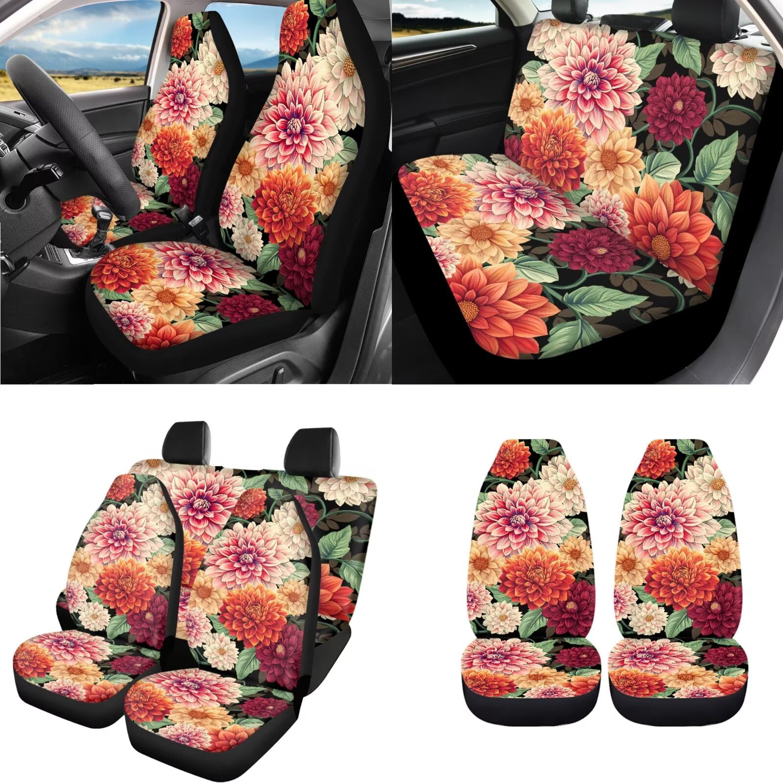 Uorisanigo Boho Flower Print 18pcs Car Seat Covers Full Set with Shoulder Strap Protector Center Console Cover Steering Cover Headrest Shift Knob Handbrake Covers Cup Holder Coasters Keychain