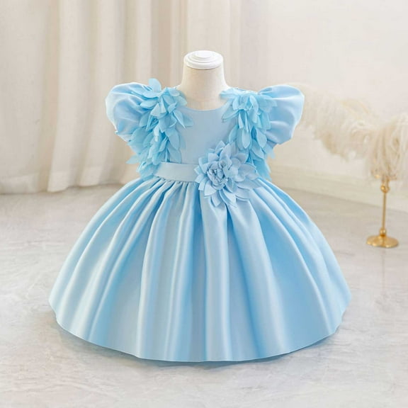 NAISIBABY Girls Princess Dress, Puff Sleeve Silky Satin Cute Elegant Gown Wedding Party Pageant Flower Dress Blue 3T
