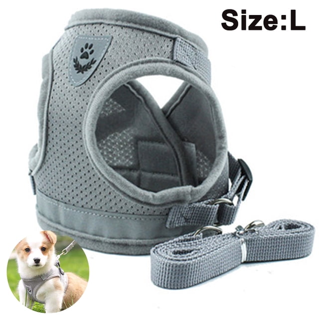 Dog Harness and Leash Set for Dogs, Soft Mesh Padded Harness for Puppies and Cats, Reflective Adjustable Breathable Chest Harness for Walking, Running, Training L Gray