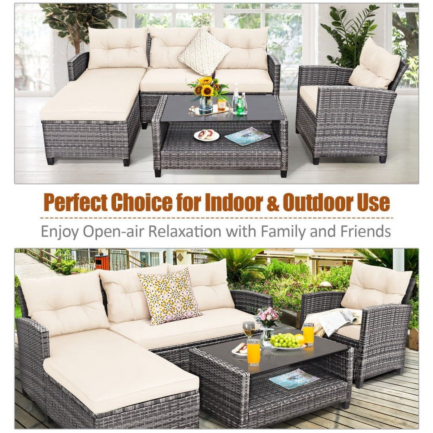 Aimee Lii 4 Pieces Patio Rattan Furniture Set with Cushion and Table Shelf, Outdoor Deck Furniture, Off White Aimee Lii 4 Pieces Patio Rattan Furniture Set with Cushion and Table Shelf, Outdoor Deck Furniture, Off White