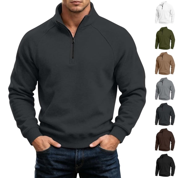 Winter Sweatshirt for Men Fashion Solid Color Stand Up Collar Half Zipper Pullover Long Sleeves Comfortable Fleece Sweatshirt- Plus Size Available with Pockets