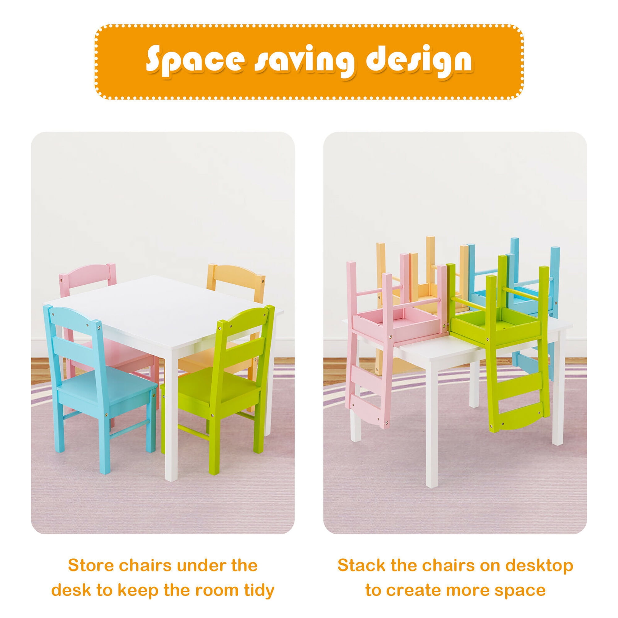 Costway 5 Piece Kids Wood Table Chair Set Activity Toddler Playroom Furniture Colorful