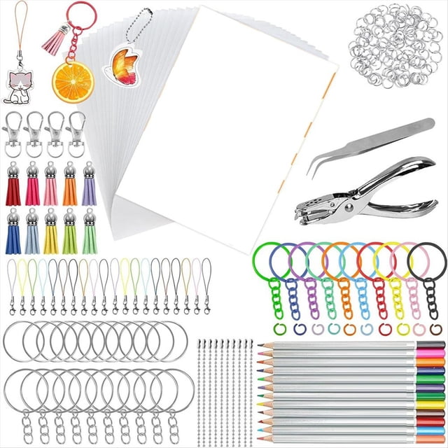 Kit de con 20 Hojas de Papel Retráctil de 7.9" X 5.7", Lápices, Llaveros y Anillas de Colores, Borlas, Perforadora y Pinzas.