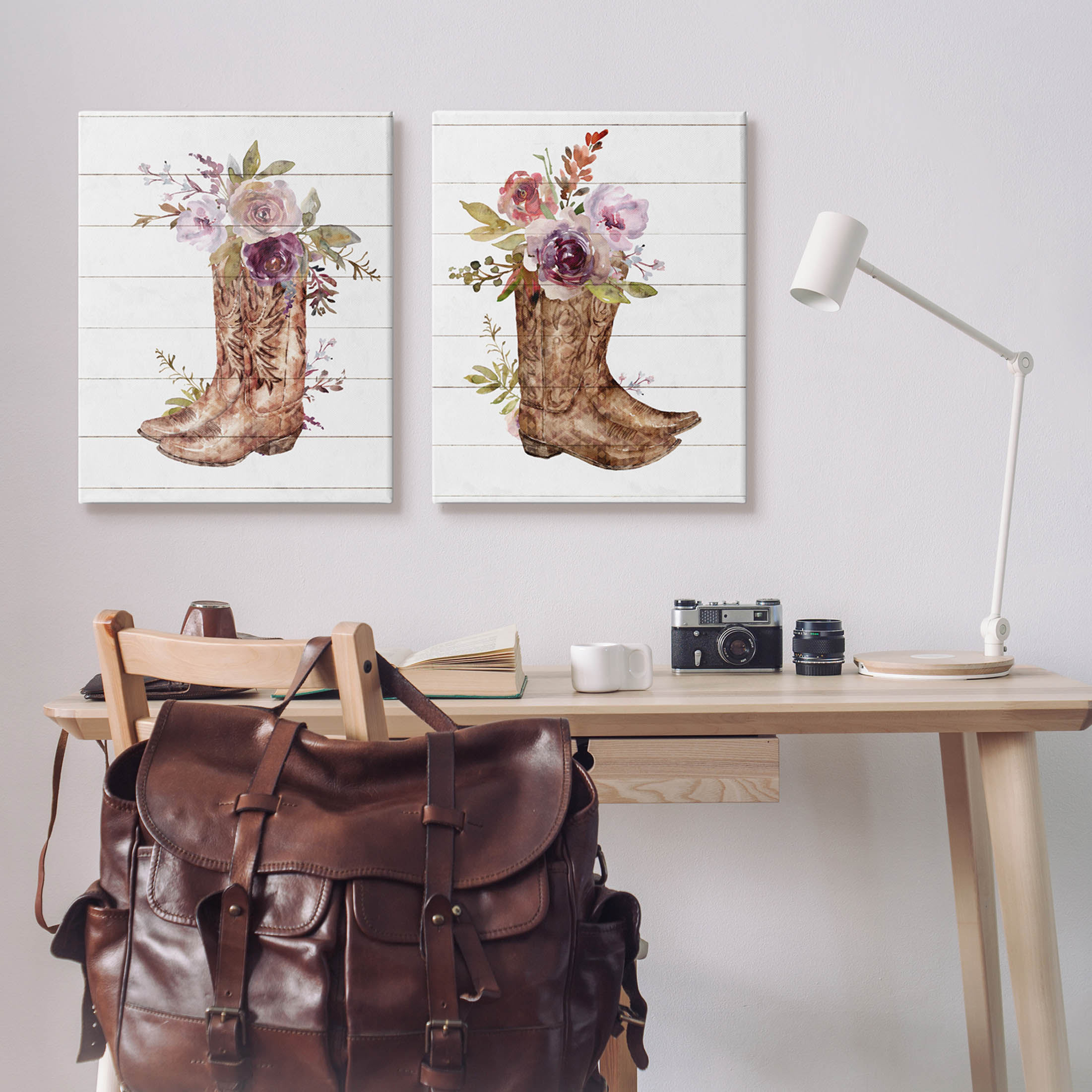 Stupell Industries Country Floral Boho Boots Graphic Art Gallery Wrapped Canvas Print Wall Art, Set of 2, Design by Nina Blue