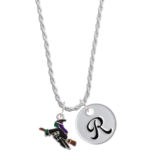 Delight Jewelry Silvertone Flying Witch Silvertone Script Initial Disc - R - Charm Necklace, 20"+3"