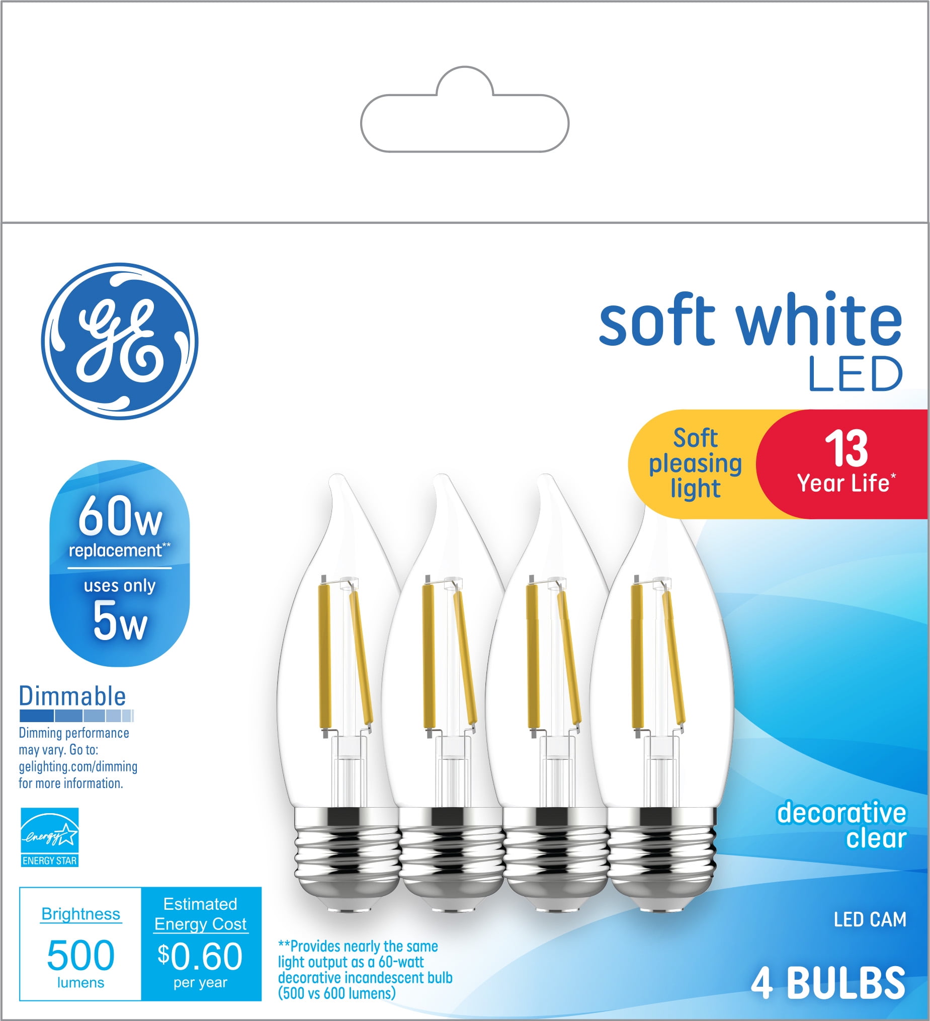 GE Soft White LED Decorative Light Bulbs, 60 Watt Eqv, Medium Base, 13 year, 4pk