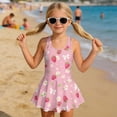 thumbnail image 3 of COEQINE Girls One Piece Bathing Suit, Scoop U-Neck & V Back Playful Swimsuit with Attached Skirt, Beach Swim Dress for Kids Age 8-9, Machine Washable, Pink Strawberry Bow Floral, 3 of 8