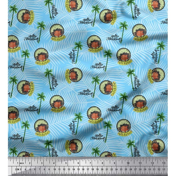 Soimoi Blue Cotton Voile Fabric Palm Tree & Girl Holiday Printed Craft Fabric by the Yard 42 Inch Wide