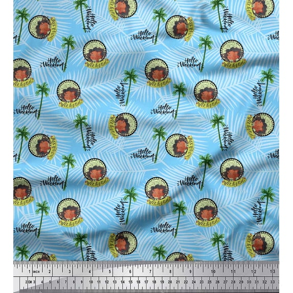 Soimoi Blue polyester Crepe Fabric Palm Tree & Girl Holiday Printed Fabric 1 Yard 42 Inch Wide