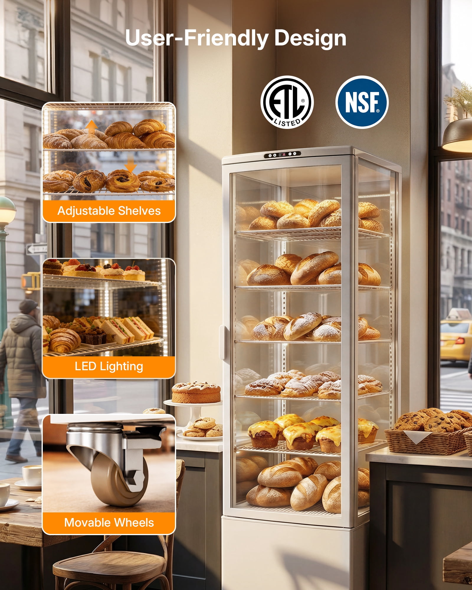 Upstreman Commercial Refrigerator Display Case, 10 Cu.Ft/280 L Pastry Display Case with Wheel and LED Lighting, 6-Tier Upright Commercial Cake Display Refrigerator Cooler, ‎CD100