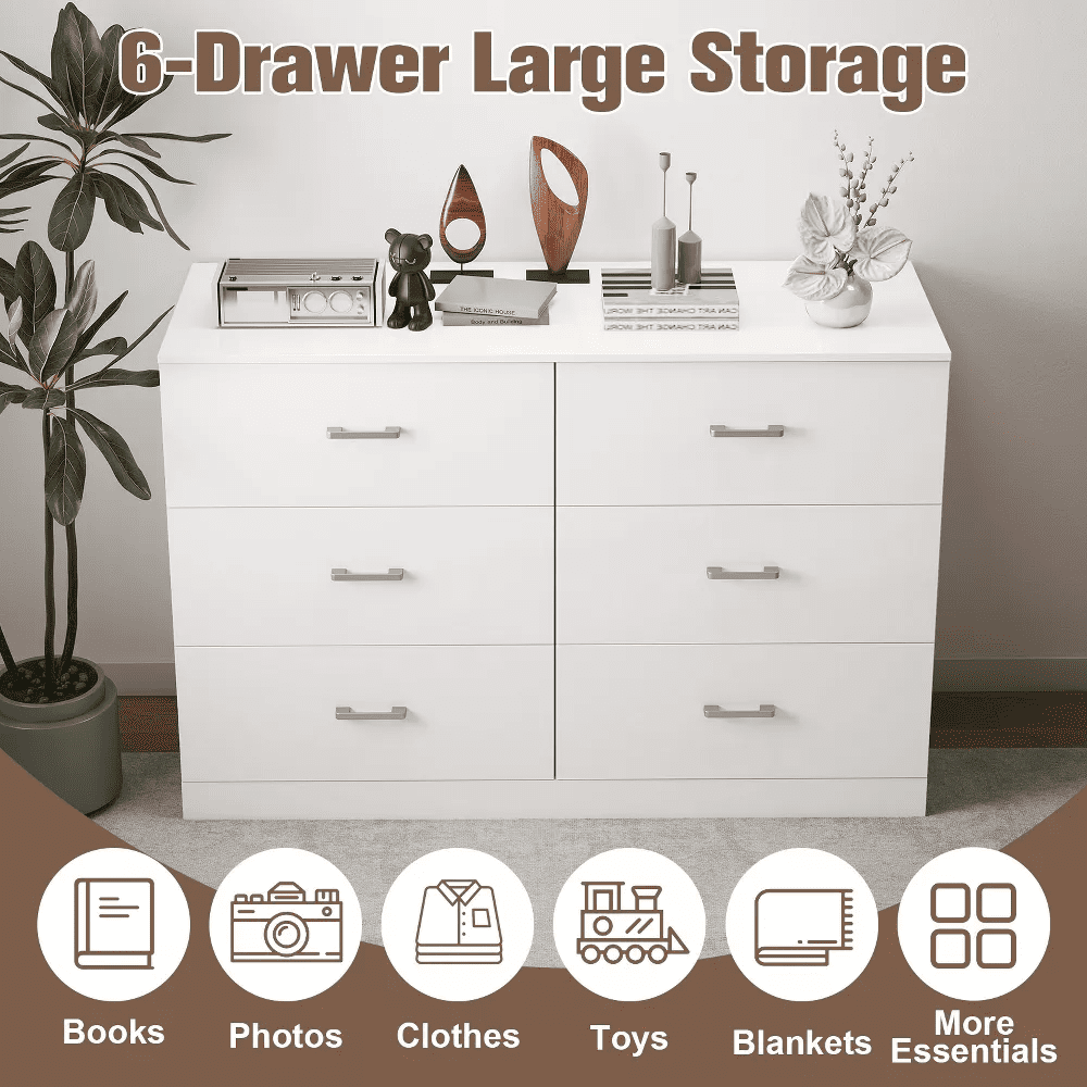 SUGIFT 6 Drawer Dresser, Large Wooden Horizontal Storage Organizer for Bedroom, Living Room or Closet