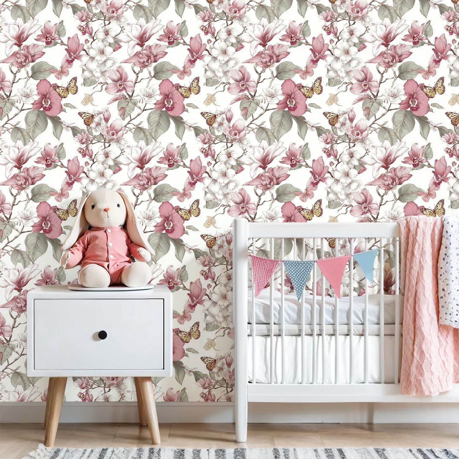 Peel and Stick Wallpaper Floral Butterfly Soft Pink White Flowers boho Wall Mural 23.6in x 9.8ft Self Adhesive Removable Wall Paper Renter Friendly Wallpaper for Girls Women Bedroom Livingroom