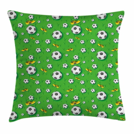 Soccer Throw Pillow Cushion Cover, Professional Player Athletics Pattern Football Shoes Balls on Grass, Decorative Square Accent Pillow Case, 18 X 18 Inches, Lime Green Yellow Black, by