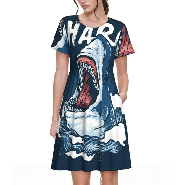 Disketp Shark para Vestido de Manga Corta para Mujeres, Vestidos de Verano para Mujeres, Casual y Holgado para la Playa