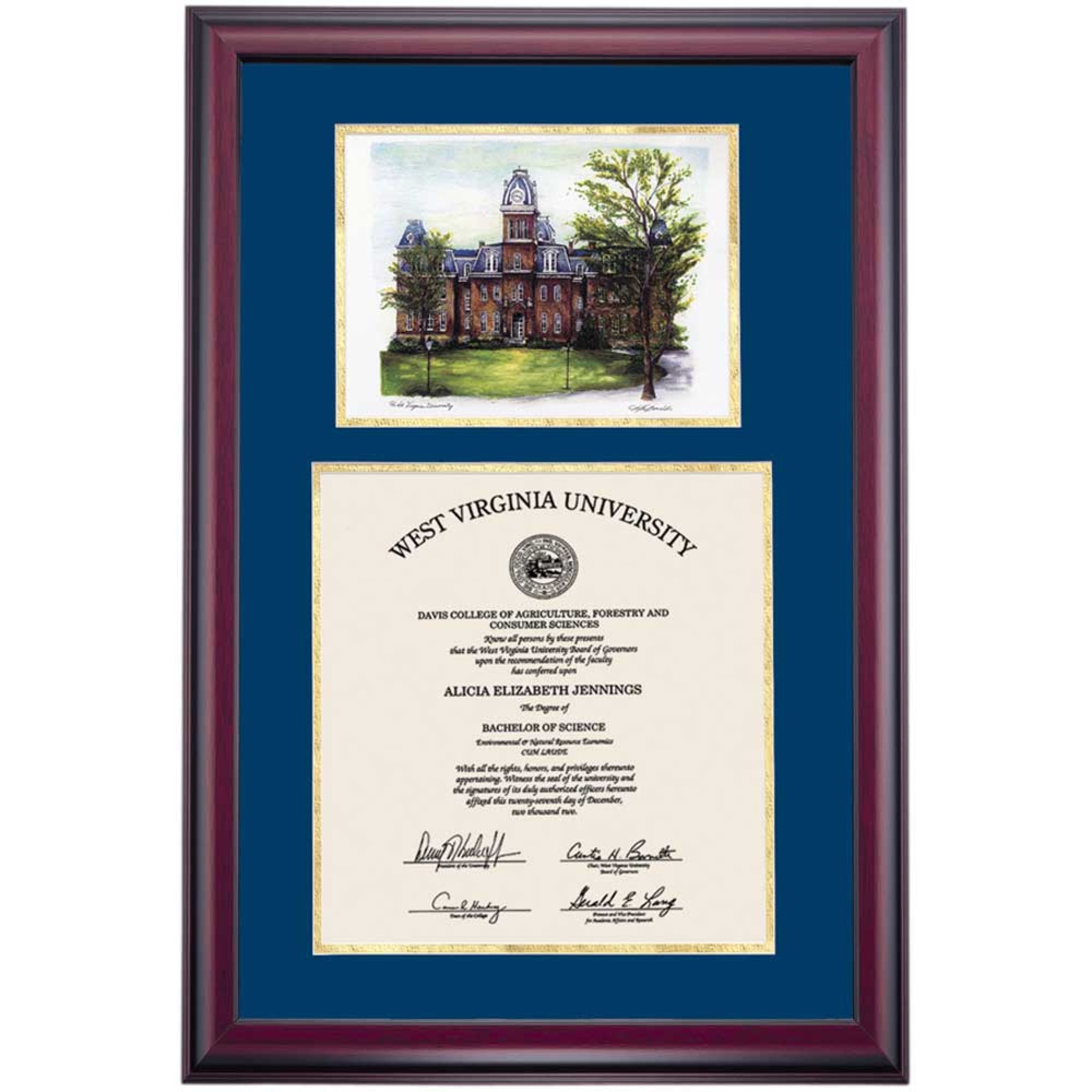 OCM Diploma Frame for West Virginia University WVU, Navy/Gold Mat with Woodburn Hall Watercolor
