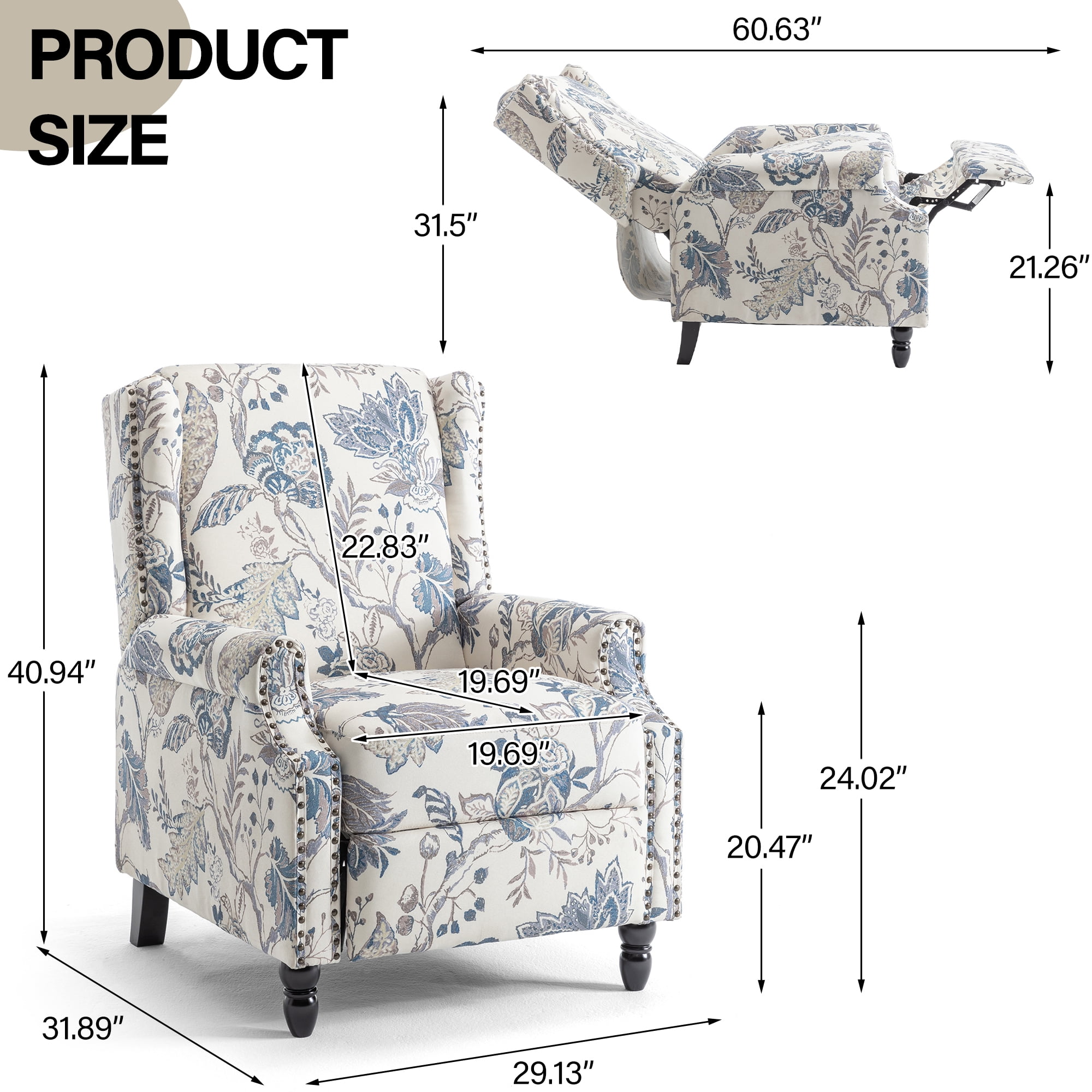 DREAMSIDEA Push Back Recliner Chair Living Room, Wingback Reclining Sofa Chair, Fabric Floral Recliner Reading Chair with Footrest for Living Room/Office/Apartment, Blue Plants