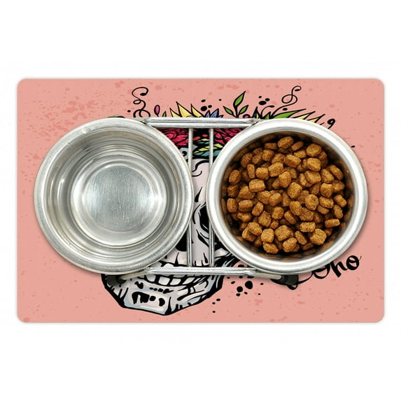 Rose Pet Mat for Food and Water, Day of the Dead Inspired Design Skull Floral Wreath Boho Style Print, Non-Slip Rubber Mat for Dogs and Cats, 18" X 12", by Ambesonne