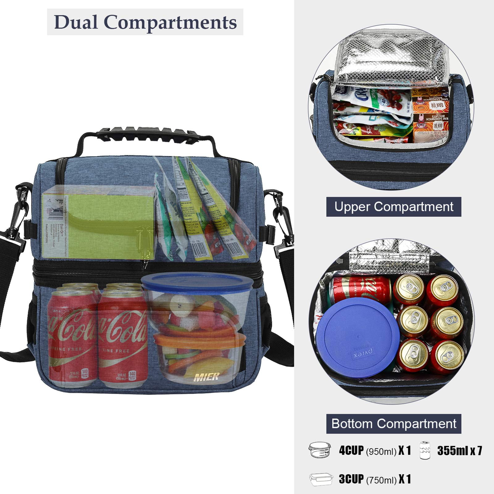 MIER Dual Compartment Lunch Bag Tote with Shoulder Strap for Men and Women Insulated Leakproof Cooler Bag Bluesteel