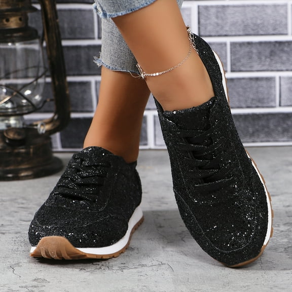 XILOO All-Season Glitter Sneakers for Women Lace-Up Low Top Comfort Sequins Solid Lightweight