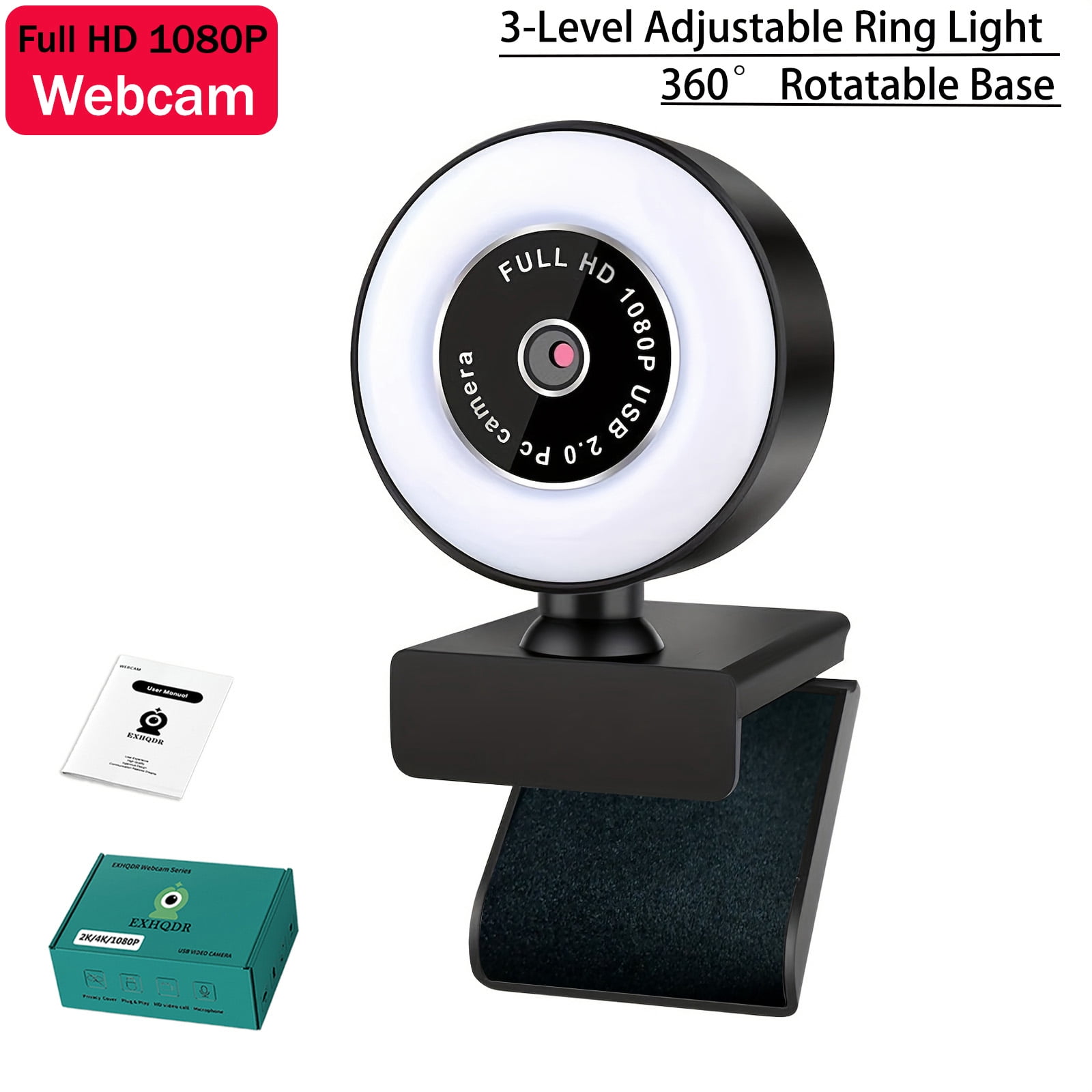 1080P FHD USB Webcam with 3-Level Ring Light, Fixed , 360° Rotation,  and Play for zoom/Streaming/Video Calls