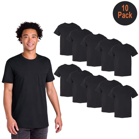Gildan Short Sleeve Ultra Cotton T-Shirt, Men's 6 Oz./yd² Taped Neck Black Pocket Tee, 10 Pack, 2XL