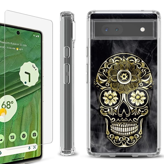 Shockproof Bumper Phone Case for Google Pixel 6a, with Tempered Glass Screen Protector, by OneToughShield ® - Skull Smoke