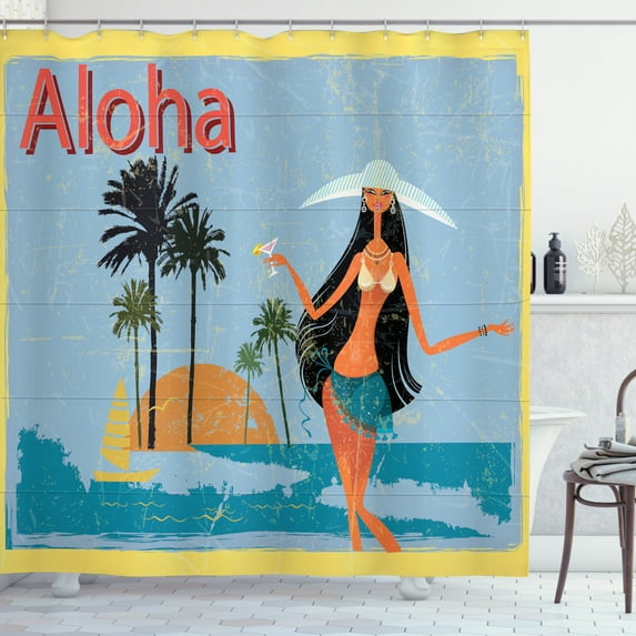 Ambesonne Aloha Shower Curtain, Brunette Hair Hawaiian Lady, 69"Wx70"L, Multicolor