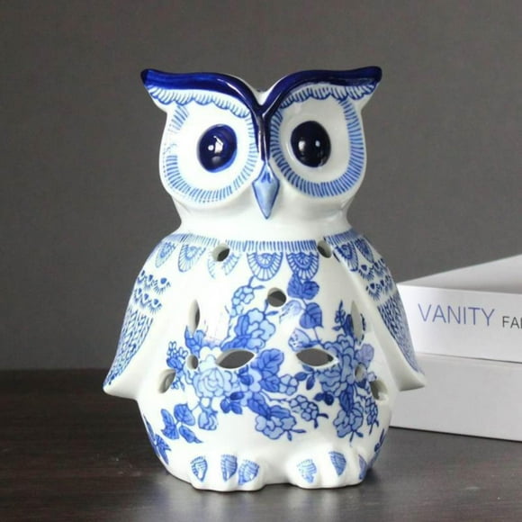 Relocy la Céramique Bleue et Blanche Décore Thème Rétro Chinois Hibou Céramique A, Décoration Mignonne 1X Hibou Céramique