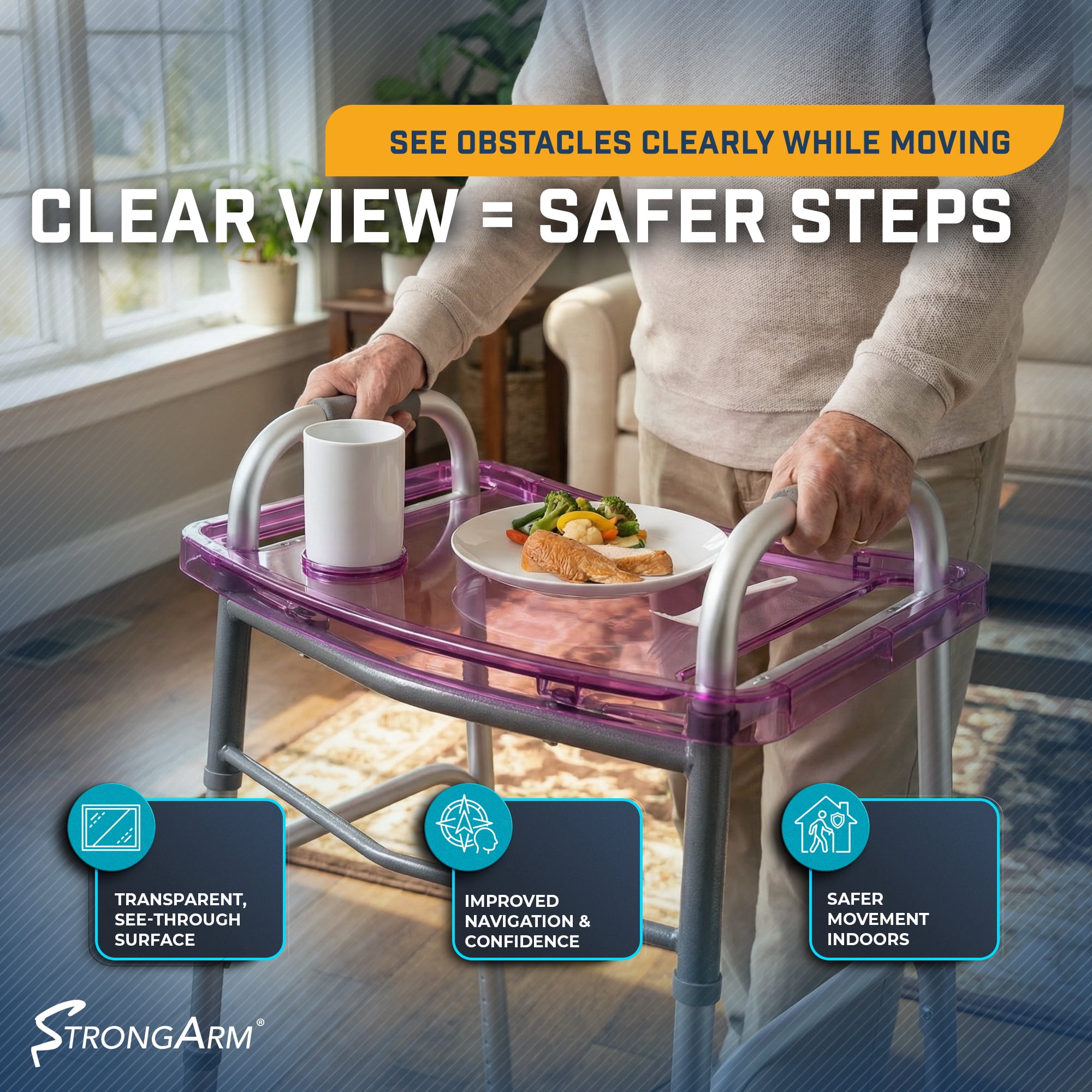 StrongArm Clearview Walker Tray – Adjustable Tray for Folding Walkers, Seniors, with Cup Holder, Food Tray, Walker Accessories, Tray Table for Standard Adult Walkers