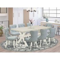 East West Furniture X027SI215-9 9-Pc Kitchen Dining Set- 8 Dining Padded Chairs with Baby Blue Linen Fabric Seat and Button Tufted Chair Back - Rectangular Table Top & Wooden Cross Legs - Linen White
